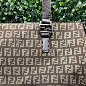 Fendi Vintage Shopping Tote Zucchino Canvas Small Top Zip Brown Handbag